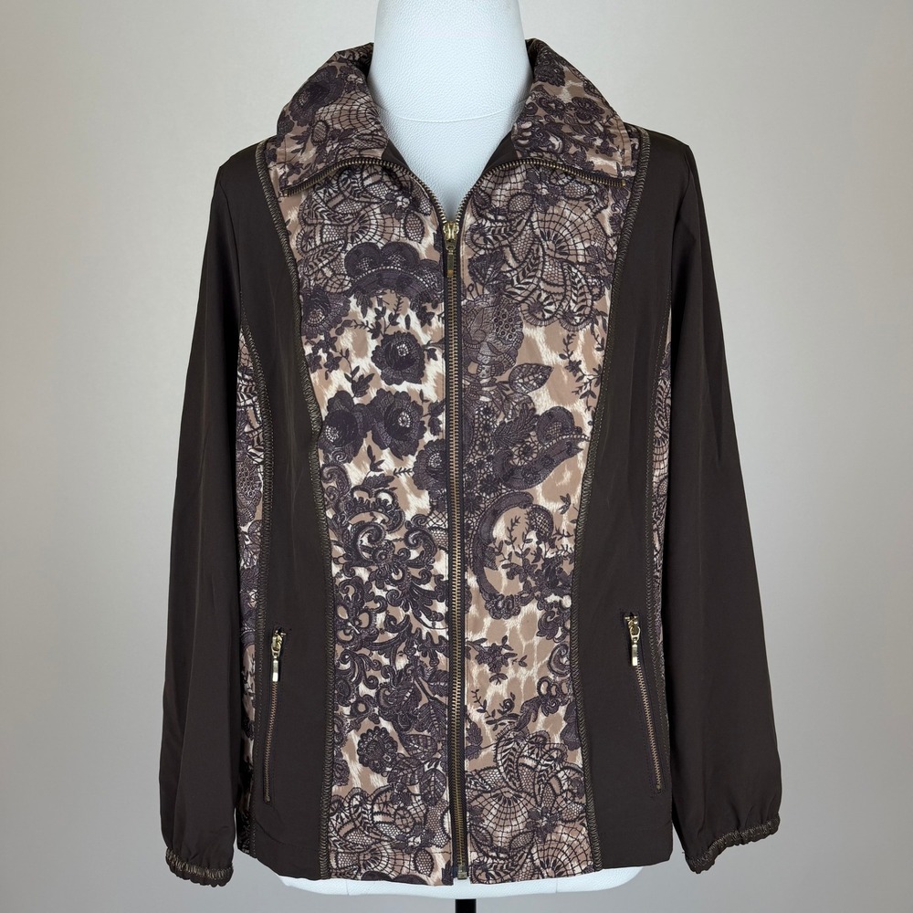 Zenergy by Chicos Size 1 Brown Lace Animal Print Zip Up Jacket Womens Medium